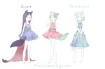  3others :3 :| absurdly_long_hair androgynous animal_ears arms_at_sides bare_arms bare_legs bare_shoulders barefoot black_hair blue_dress bob_cut bort character_name closed_mouth colored_inner_hair crossed_legs diamond_(houseki_no_kuni) dog_ears dog_tail dress flower full_body furry green_eyes green_hair hair_flower hair_ornament hand_on_hip highres holding_arm houseki_no_kuni kemonomimi_mode long_hair multicolored_hair multiple_others mydeerwitch phosphophyllite pink_dress rainbow_hair redhead sash simple_background sleeveless sleeveless_dress smile smug standing tail very_long_hair white_background 