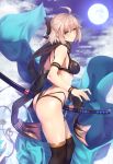  1girl absurdres ahoge ass asymmetrical_gloves bangs bare_back bare_shoulders bikini black_bikini black_bow black_gloves black_legwear black_scarf blonde_hair blush bow breasts closed_mouth elbow_gloves eyebrows_visible_through_hair fantia_reward fate/grand_order fate_(series) full_moon gloves hair_between_eyes hair_bow half_updo haori highleg highleg_bikini highres japanese_clothes katana looking_at_viewer midriff moon multi-strapped_bikini night night_sky ocean okita_souji_(fate)_(all) okita_souji_(swimsuit_assassin)_(fate) paid_reward scarf sheath sidelocks single_elbow_glove single_glove sky smile standing swimsuit sword thigh-highs thigh_strap thighs water weapon wristband yellow_eyes zucchini 