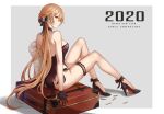  2020 ass bag bare_arms bare_legs bare_shoulders black_bow black_choker black_dress black_footwear black_panties border bow breasts brown_hair cartridge choker closed_mouth commentary_request dress flower from_behind full_body girls_frontline grey_background hair_bow hair_flower hair_ornament happy_new_year high_heels highres legs long_hair looking_at_viewer looking_back medium_breasts new_year orange_eyes ots-14_(girls_frontline) outside_border panties ponytail selcky side-tie_panties simple_background sitting thigh_strap torn_clothes torn_dress underwear very_long_hair white_border white_flower 