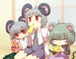  3girls :t animal_ears blush_stickers cheese chopsticks closed_eyes cookie_(touhou) eating fake_nyon_(cookie) food grey_hair highres instant_udon kitsune_udon kofji_(cookie) mouse_ears multiple_girls namatama_(7lemo_can) nazrin nyon_(cookie) red_eyes sitting touhou udon 