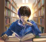 1boy blue_eyes blue_jacket blurry blurry_background book bookshelf indoors jacket kaze_ga_tsuyoku_fuiteiru kurahara_kakeru long_sleeves looking_at_viewer open_book sitting solo white50080909 