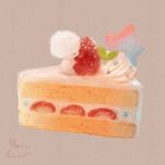  brown_background cake commentary_request food fruit highres manino_(mofuritaionaka) no_humans original signature smile star strawberry u_u whipped_cream 