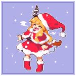  1girl :d bangs blue_background blush_stickers boots capelet christmas closed_eyes commentary_request full_body fur-trimmed_boots fur_trim hat horns ibuki_suika kumamoto_(bbtonhk2) long_hair lowres open_mouth orange_hair pixel_art red_footwear red_headwear santa_costume santa_hat smile solo sparkle touhou 