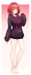  1girl bangs black_hoodie blunt_bangs bottomless breasts brown_hair commentary_request frown full_body gem highres holding holding_ring hood hoodie jewelry ju-ok large_breasts long_sleeves looking_at_viewer red_eyes ring short_hair slit_pupils solo standing 