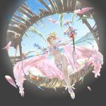  1girl absurdres argyle_cutout bare_legs bare_shoulders bikini blue_cape blue_ribbon cape collarbone dress europa_(granblue_fantasy) flower fountain granblue_fantasy hair_flower hair_ornament highres huge_filesize kawarage ribbon swimsuit tiara white_bikini white_dress 