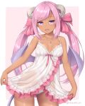  1girl bare_arms bare_shoulders bow breasts chemise collarbone cowboy_shot dark_skin demon_girl demon_horns demon_tail demon_wings hair_bow horns jewelry long_hair looking_at_viewer necklace open_mouth original panties pink_bow pink_hair sasaame see-through sidelocks small_breasts smile smug solo spaghetti_strap tail twintails twitter_username two-tone_background underwear violet_eyes white_panties wings 