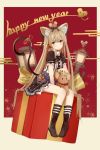  1girl amco animal_ears bangs black_dress black_legwear brown_eyes commentary_request dress eyebrows_visible_through_hair hair_ribbon highres kneehighs looking_at_viewer mouse mouse_ears mouse_tail new_year original red_ribbon ribbon short_sleeves sitting solo tail tail_ribbon 