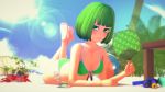  3d beach bikini blue_sky breasts green_eyes green_hair green_swimsuit highres lying midori_mint on_stomach original sky swimsuit 