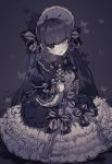  1girl @_@ apron black_gloves blurry blush bug butterfly depth_of_field dress elbow_gloves frilled_dress frills glove_bow gloves gothic_lolita hand_on_own_chest hand_on_own_chin highres insect layered_dress lolita_fashion long_hair looking_at_viewer mogmogyasai monochrome original purple_background purple_hair purple_theme simple_background smile solo very_long_hair vignetting violet_eyes 