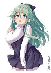  1girl alternate_costume aqua_eyes black_ribbon black_skirt blush breasts ebifurya green_hair hair_between_eyes hair_flaps hair_ornament hair_ribbon hairclip highres kantai_collection large_breasts long_hair ribbon skirt sweater tears thigh-highs white_sweater yamakaze_(kantai_collection) 