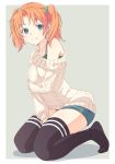  1girl aqua_eyes bangs between_legs black_legwear blue_shorts e20 grey_background hair_tie hand_between_legs long_sleeves no_shoes off-shoulder_sweater off_shoulder orange_hair original short_shorts shorts simple_background sitting smile solo spaghetti_strap sweater thigh-highs twintails white_sweater 