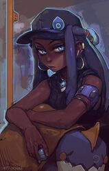  1girl absurdres aqua_hair armband armlet bags_under_eyes baseball_cap blue_eyes blue_eyeshadow commentary dark_skin drednaw ear_piercing earrings english_commentary eyelashes grimsby gym_leader hair_bun hat highres holding holding_poke_ball hoop_earrings jewelry lips looking_at_viewer multicolored_hair necklace nose nose_bubble piercing poke_ball pokemon pokemon_(creature) pokemon_(game) pokemon_on_lap pokemon_swsh rurina_(pokemon) sleeveless solo train_interior two-tone_hair very_dark_skin 