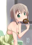  1girl bare_shoulders breasts camisole commentary_request doughnut dress food food_in_mouth green_eyes grey_hair kohshibasaki looking_at_viewer looking_to_the_side medium_hair sleeveless sleeveless_dress small_breasts solo spaghetti_strap strap_slip yama_no_susume yukimura_aoi 