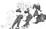  3girls aiko_(less) animal_ears arm_behind_head arm_up armpits bangs bare_shoulders bell bike_shorts breasts closed_eyes cross-laced_footwear eyebrows_visible_through_hair feathered_wings fox_ears fox_tail greyscale hair_between_eyes haohi_(less) high_heels horns jacket jingle_bell large_breasts less long_hair medium_breasts midriff monochrome multiple_girls navel off_shoulder original parted_lips ponytail simple_background sitting smile stretch tail tail_bell thigh-highs turtleneck white_background wings 