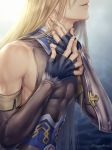  1boy bare_shoulders blonde_hair fate/grand_order fate_(series) fingerless_gloves fionn_mac_cumhaill_(fate/grand_order) fur_trim gloves hagino_kouta hands_on_own_neck highres lips long_hair long_sleeves male_focus parted_lips shirt skin_tight sleeveless sleeveless_shirt smile solo sweat twitter_username 