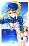 1girl adjusting_clothes adjusting_hat ahoge artoria_pendragon_(all) bangs baseball_cap bikini blonde_hair blue_eyes blue_headwear blue_sky blush border breasts clouds commentary_request cowboy_shot day eyebrows_visible_through_hair fate/grand_order fate_(series) hair_between_eyes hand_up hat highres large_breasts leaning_forward long_sleeves looking_at_viewer mysterious_heroine_xx_(foreigner) navel outdoors outside_border ponytail short_hair short_ponytail shrug_(clothing) side-tie_bikini sidelocks sky smile solo standing stomach swimsuit thigh_strap thighs water water_drop white_bikini white_border yuito_(yuitokobunasbs0) 