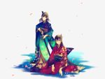  2girls alternate_costume black_hair blue_kimono floral_print full_body fusou_(kantai_collection) hair_ornament highres japanese_clothes kantai_collection kimono long_hair looking_at_viewer multiple_girls petals red_eyes red_kimono sheath short_hair simple_background sitting smile standing sword uminoso5 unsheathing weapon white_background yamashiro_(kantai_collection) yokozuwari 