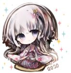  1girl 2020 bangs black_hakama blush closed_mouth commentary_request cottontailtokki crown floral_print grey_hair hair_between_eyes hair_ribbon hakama japanese_clothes kimono long_hair long_sleeves mini_crown obi pink_ribbon print_kimono ribbon sash seiza shadowverse shingeki_no_bahamut sitting smile solo sparkle spinaria_(shingeki_no_bahamut) tilted_headwear very_long_hair violet_eyes white_kimono wide_sleeves 