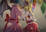  2girls absurdres arms_up bat_wings blonde_hair blood bloody_clothes bloody_hands bloody_wings blue_hair blurry_foreground chinese_commentary clenched_teeth commentary_request cowboy_shot cravat crying crying_with_eyes_open dagger expressionless flandre_scarlet gaanzi glowing glowing_eyes grey_background hands_on_another&#039;s_shoulders hat head_out_of_frame highres holding holding_knife impaled knife mob_cap multiple_girls pink_shirt pink_skirt puffy_short_sleeves puffy_sleeves red_eyes red_skirt red_vest remilia_scarlet sash shirt short_hair short_sleeves siblings side_ponytail sisters skirt skirt_set stabbing streaming_tears tears teeth touhou vest weapon white_shirt wings wrist_cuffs yellow_neckwear 