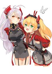  2girls absurdres admiral_hipper_(azur_lane) ahoge antenna_hair ao_(1234painter) arm_behind_back armpit_cutout azur_lane bangs black_gloves blonde_hair breasts bunny_ears_prank choker clipboard commentary_request cropped_legs dress eyebrows_visible_through_hair fang flat_chest gloves green_eyes grey_dress hair_between_eyes hand_on_hip headgear highres holding holding_clipboard iron_cross large_breasts light_blush long_hair looking_at_viewer multicolored_hair multiple_girls open_mouth orange_eyes prinz_eugen_(azur_lane) rabbit red_choker red_sleeves redhead sideboob sidelocks silver_hair simple_background skin_fang streaked_hair swept_bangs thigh_strap two_side_up v white_background 