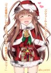  1girl ahoge bandages bangs bell blush box brown_hair burnt_clothes christmas closed_eyes dress eyebrows_visible_through_hair fang fur_trim gift gift_box gloves hat heart huge_ahoge kantai_collection ko_yu kuma_(kantai_collection) long_hair long_sleeves open_mouth red_dress red_gloves santa_costume santa_hat simple_background solo thigh-highs translation_request twitter_username 