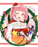  1girl candy candy_cane character_name christmas_ornaments fire_emblem fire_emblem:_three_houses food fur_trim hat highres hilda_valentine_goneril long_hair mini_hat one_eye_closed open_mouth otokajife pink_eyes pink_hair pom_pom_(clothes) red_headwear santa_costume santa_hat solo star twintails upper_body 