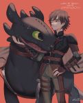  1boy brown_hair copyright_name dragon green_eyes green_sclera hand_on_hip hiccup_horrendous_haddock_iii how_to_train_your_dragon kirudai leather_armor looking_at_another male_focus one_eye_closed red_background signature simple_background smile standing toothless vambraces 