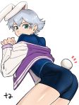  1boy 88362 animal_ears aqua_eyes ass bike_shorts blush bunny_tail bunnyboy doraemon from_behind highres interlocked_fingers jacket letterman_jacket light_blue_hair looking_back luca_(doraemon) rabbit_ears short_shorts shorts simple_background smile solo tail white_legwear 