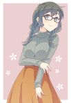  1girl \||/ bangs black-framed_eyewear black_eyes black_hair braid brown_skirt e20 glasses grey_sweater long_sleeves looking_at_viewer original pink_background ribbed_sweater simple_background skirt smile solo sweater turtleneck turtleneck_sweater twin_braids 