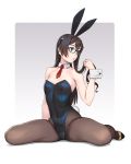  1girl alternate_costume animal_ears bangs bare_shoulders black_hair black_legwear black_leotard blue_eyes blush breasts bunny_tail bunnysuit detached_collar fake_animal_ears fake_tail glasses hairband highres kantai_collection leotard lips long_hair ooyodo_(kantai_collection) pantyhose parted_lips rabbit_ears red_neckwear sitting small_breasts solo spread_legs strapless strapless_leotard tail white_background wrist_cuffs yuuji_(and) 