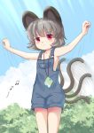 1girl afterimage animal_ears armpits bangs clouds cowboy_shot day expressionless grey_hair iris_anemone looking_at_viewer motion_lines mouse mouse_ears mouse_tail musical_note naked_overalls nazrin outdoors outstretched_arms overall_shorts overalls radio_exercises red_eyes serious short_hair sky solo spread_arms stamp-sheet tail tail_wagging touhou 