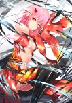 1girl absurdres bare_shoulders center_opening detached_sleeves fingerless_gloves gloves guilty_crown hair_ornament hairclip highres kie_(yospcd) looking_at_viewer pink_hair red_eyes solo thigh-highs twintails yuzuriha_inori 
