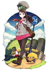  1girl accio backpack bag bangs black_eyes black_legwear blush brown_footwear brown_hair bug cabbie_hat cardigan charjabug clouds day dottler dress eyebrows_visible_through_hair gen_7_pokemon gen_8_pokemon hat insect long_hair long_sleeves outdoors pantyhose pink_dress pokemon pokemon_(creature) pokemon_(game) pokemon_swsh sizzlipede sky smile traffic_cone tree walking wheelbarrow yuuri_(pokemon) 