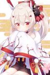  1girl 2020 :o ayanami_(azur_lane) azur_lane bangs black_skirt bow commentary_request egasumi eyebrows_visible_through_hair fox_mask hair_between_eyes hair_bow hair_ornament hairclip headgear high_ponytail highres japanese_clothes kimono koko_ne_(user_fpm6842) light_brown_hair long_hair long_sleeves looking_at_viewer mask mask_on_head parted_lips pleated_skirt ponytail red_bow red_eyes sitting skirt sleeves_past_fingers sleeves_past_wrists solo striped striped_bow thigh-highs very_long_hair white_kimono white_legwear wide_sleeves 