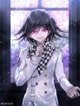  1boy bangs black_hair checkered checkered_scarf commentary_request dangan_ronpa eyebrows_visible_through_hair hair_between_eyes long_sleeves looking_at_viewer male_focus new_dangan_ronpa_v3 ouma_kokichi parted_lips purple_hair scarf smile straitjacket upper_body violet_eyes z-epto_(chat-noir86) 