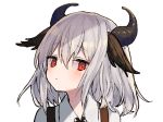  1girl animal_ears blush character_request commentary_request constricted_pupils copyright_request demon_horns dog_ears face grey_hair horns looking_at_viewer mimelond portrait pout red_eyes simple_background solo white_background 