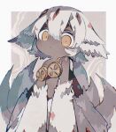  1girl bangs body_fur closed_mouth dark-skinned_female dark_skin extra_arms extra_tails faputa fur goggles goggles_around_neck grey_hair hair_between_eyes highres looking_at_viewer made_in_abyss monster_girl multicolored_hair orange_eyes short_hair simple_background solo soresaki tail white_fur white_hair 