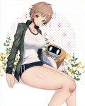  1girl bag blue_shorts breasts brown_eyes brown_hair buruma floral_background gym_uniform hair_ornament hairclip handbag heart jacket juusan_kihei_bouei_ken large_breasts looking_at_viewer minami_natsuno robot shirt short_hair short_shorts shorts simple_background sitting sugihara_azuki thighs white_background white_shirt 