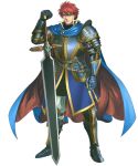  1boy alba armor blue_eyes breastplate cape chainmail dagger durandal_(fire_emblem) eliwood_(fire_emblem) fire_emblem fire_emblem:_the_blazing_blade gauntlets greaves highres ornate_armor redhead weapon 