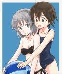  2girls ball beachball bikini black_bikini blue_background brown_eyes brown_hair cowboy_shot green_eyes hug hug_from_behind miyafuji_yoshika multiple_girls mutsu_(layergreen) one-piece_swimsuit sanya_v_litvyak school_swimsuit silver_hair strike_witches swimsuit world_witches_series 