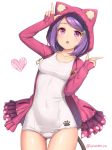  1girl animal_ears animal_hood ass_visible_through_thighs breasts cat_ears cat_tail collarbone eyebrows_visible_through_hair hair_ornament hairclip heart hood hooded_jacket jacket looking_at_viewer medium_breasts old_school_swimsuit one-piece_swimsuit open_clothes open_jacket original purple_hair sasaame school_swimsuit short_hair solo swimsuit tail twitter_username violet_eyes white_background white_school_swimsuit white_swimsuit 
