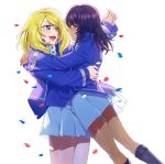  2girls andou_(girls_und_panzer) arm_around_waist bangs bc_freedom_military_uniform black_footwear black_hair blonde_hair blue_eyes blue_jacket blue_vest boots dark_skin dress_shirt from_side girls_und_panzer high_collar holding_hands holding_person jacket long_sleeves medium_hair messy_hair military military_uniform miniskirt multiple_girls open_mouth oshida_(girls_und_panzer) petals pleated_skirt shirt shutou_mq simple_background skirt smile standing uniform vest white_background white_shirt white_skirt yuri 