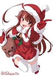  1girl ahoge alternate_costume bear bell bell_collar blush boots brown_eyes brown_hair capelet christmas collar dress ebifurya full_body fur-trimmed_dress fur_trim gloves hair_ornament hair_through_headwear hat highres huge_ahoge jingle_bell kantai_collection kuma_(kantai_collection) long_hair long_sleeves looking_at_viewer open_mouth pointing pointing_at_viewer red_capelet red_dress red_gloves sack santa_boots santa_costume santa_dress santa_gloves santa_hat short_dress simple_background smile solo stuffed_animal stuffed_toy teddy_bear toy twitter_username white_background white_legwear 