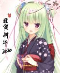  1girl 2020 :d animal bangs black_kimono blue_flower blush bug butterfly cariboy commentary_request eyebrows_visible_through_hair floral_print flower green_hair hair_flower hair_ornament hair_ribbon holding insect japanese_clothes kimono long_hair long_sleeves murasame_(senren) obi open_mouth pink_flower print_kimono red_ribbon ribbon sash senren_banka smile solo tree_branch two_side_up very_long_hair violet_eyes wide_sleeves 