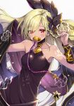 1girl bangs bare_shoulders black_dress black_ribbon blush braid breasts collarbone commentary_request dress eyebrows_visible_through_hair granblue_fantasy hair_ribbon highres large_breasts pilokey red_eyes ribbon simple_background solo white_background 
