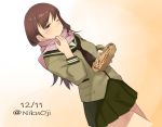  1girl black_neckwear brown_eyes brown_hair commentary_request cowboy_shot dated dutch_angle food gradient gradient_background green_serafuku green_skirt kantai_collection long_hair long_sleeves looking_at_viewer neckerchief nikuoji one_eye_closed ooi_(kantai_collection) pink_scarf pleated_skirt scarf school_uniform serafuku skirt solo standing takoyaki twitter_username 