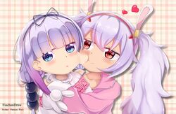  2girls animal_ears azur_lane blue_eyes capelet cheek-to-cheek commentary_request dragon_girl dragon_horns eyebrows_visible_through_hair fur_trim hair_bobbles hair_ornament hairband heart horns hug hug_from_behind jacket kanna_kamui kobayashi-san_chi_no_maidragon laffey_(azur_lane) long_hair long_sleeves multiple_girls naganawa_maria off_shoulder open_clothes open_jacket pink_jacket plaid plaid_background purple_hair rabbit_ears red_eyes seiyuu_connection tetryondecay twintails 