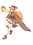  1girl :o animal_ears breathing_fire brown_eyes brown_kimono fire frills full_body hand_up highres japanese_clothes kimono personification pokemon ponytail sidelocks simple_background solo sunuo_de_justwe_zidong_shou_huoji tail vulpix white_background white_legwear wide_sleeves 
