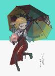  1girl :t bangs blonde_hair blunt_bangs boots brown_footwear closed_mouth commentary_request domino_mask frown green_eyes grey_kimono hakama_skirt high-waist_skirt holding holding_umbrella holding_weapon inkling_(language) japanese_clothes kimono knee_boots long_skirt long_sleeves looking_at_viewer lying mask on_stomach red_skirt short_hair skirt solo splat_brella_(splatoon) splatoon_(series) standing standing_on_one_leg tentacle_hair translation_request umbrella weapon wide_sleeves yu-ri 
