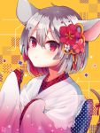  1girl :&lt; animal_ears bangs beniko_(ymdbnk) black_gloves blue_flower chinese_zodiac closed_mouth commentary_request eyebrows_visible_through_hair flower gloves grey_hair hair_between_eyes hair_flower hair_ornament hand_up highres japanese_clothes kimono long_sleeves looking_at_viewer mouse_ears mouse_girl mouse_tail multicolored_hair obi original pink_flower red_eyes red_flower redhead sash see-through sleeves_past_wrists solo tail two-tone_hair white_flower white_kimono wide_sleeves year_of_the_rat yellow_background 